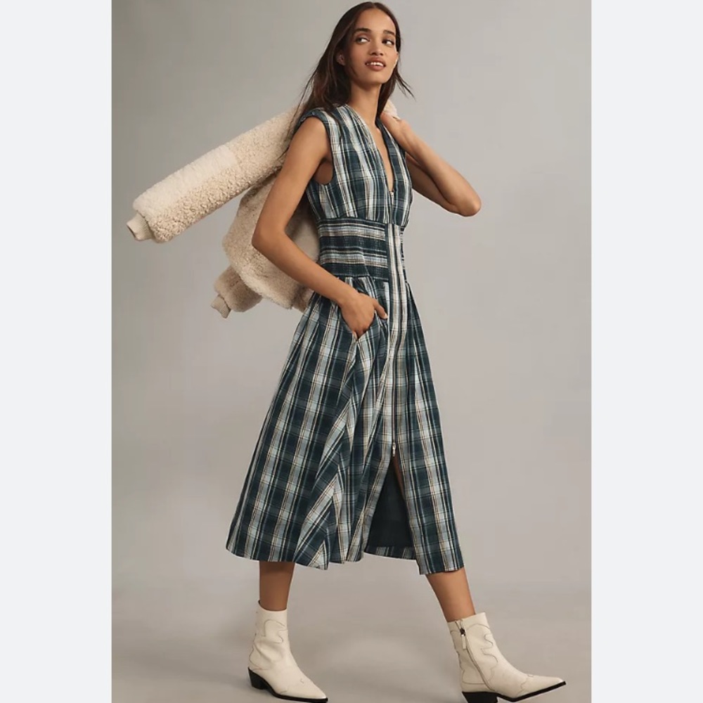 New: Anthropologie Tommie Zip-Front Midi Dress. Plaid. Pockets. Size XS - Picture 16 of 16